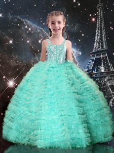 Turquoise Ball Gowns Tulle Straps Sleeveless Beading and Ruffled Layers Floor Length Lace Up Child Pageant Dress