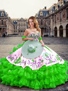 Floor Length Lace Up Quinceanera Gowns Green for Military Ball and Sweet 16 and Quinceanera with Embroidery and Ruffled Layers