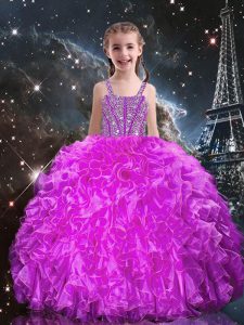 Superior Fuchsia Sleeveless Organza Lace Up Pageant Gowns For Girls for Quinceanera and Wedding Party