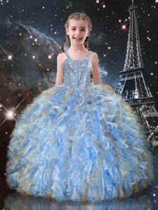 Trendy Light Blue Organza Lace Up Little Girls Pageant Gowns Sleeveless Floor Length Beading and Ruffles