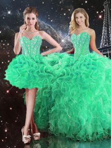 Gorgeous Green Quinceanera Gowns Military Ball and Sweet 16 and Quinceanera with Beading and Ruffles Sweetheart Sleeveless Lace Up