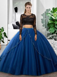 Blue Two Pieces Lace and Ruching Quinceanera Gown Backless Tulle Long Sleeves Floor Length
