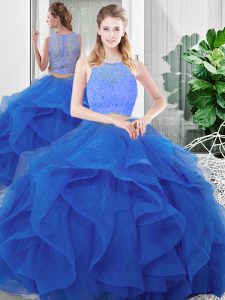Scoop Sleeveless Quinceanera Dresses Floor Length Lace and Ruffles Blue Tulle