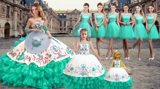 Turquoise Sleeveless Floor Length Embroidery and Ruffled Layers Lace Up Quinceanera Dress