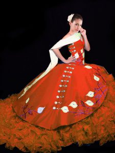 Taffeta V-neck Sleeveless Brush Train Lace Up Embroidery and Ruffles 15th Birthday Dress in Rust Red