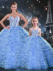 Stunning Blue Sweetheart Neckline Beading and Ruffles Quinceanera Gowns Sleeveless Lace Up