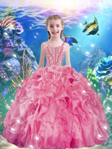 Trendy Rose Pink Organza Lace Up Kids Formal Wear Sleeveless Floor Length Beading and Ruffles