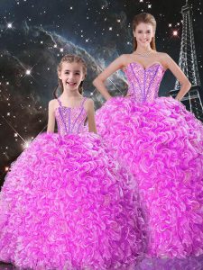 Lilac Organza Lace Up Sweet 16 Quinceanera Dress Sleeveless Floor Length Beading and Ruffles