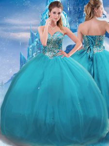 Comfortable Teal Lace Up 15th Birthday Dress Appliques Sleeveless Floor Length