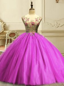 Fuchsia Ball Gowns Appliques and Sequins 15 Quinceanera Dress Lace Up Tulle Sleeveless Floor Length