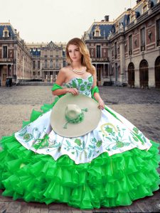 Green Organza and Taffeta Lace Up Sweetheart Sleeveless Floor Length 15 Quinceanera Dress Embroidery and Ruffled Layers
