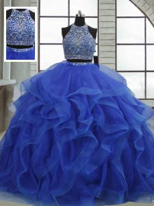 Royal Blue Ball Gowns Organza Halter Top Sleeveless Beading and Ruffles Floor Length Lace Up Quinceanera Gown