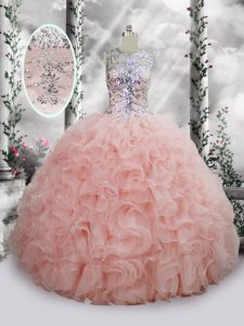 Ball Gowns Quinceanera Dresses Baby Pink Scoop Organza Sleeveless Floor Length Lace Up