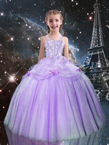 Straps Sleeveless Kids Pageant Dress Floor Length Beading Lilac Tulle