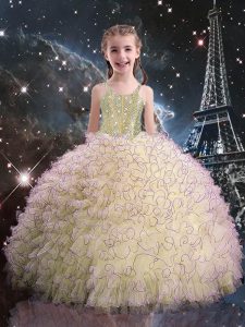 Latest Floor Length Ball Gowns Sleeveless Light Yellow Little Girls Pageant Gowns Lace Up