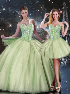Low Price Yellow Green Tulle Lace Up Sweetheart Sleeveless Floor Length Sweet 16 Dress Beading