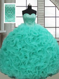 Clearance Fabric With Rolling Flowers Sweetheart Sleeveless Brush Train Lace Up Beading Quinceanera Dress in Turquoise