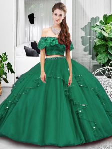 Delicate Tulle Off The Shoulder Sleeveless Lace Up Lace and Ruffles Sweet 16 Dress in Dark Green