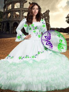 Amazing Ball Gowns Quince Ball Gowns White Square Organza Long Sleeves Floor Length Lace Up