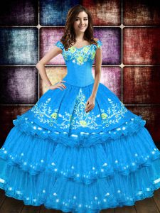 Beauteous Taffeta Sleeveless Floor Length Quinceanera Dress and Embroidery and Ruffled Layers