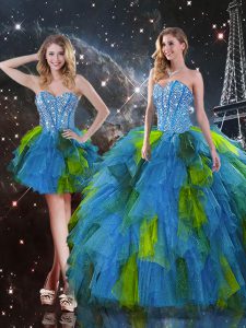 Colorful Multi-color Tulle Lace Up Vestidos de Quinceanera Sleeveless Floor Length Beading and Ruffles