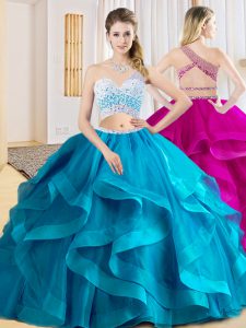 Sumptuous Baby Blue Two Pieces Beading and Ruffles 15th Birthday Dress Criss Cross Tulle Sleeveless Floor Length