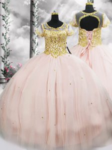 Glorious Ball Gowns Quinceanera Gowns Pink Scoop Tulle Short Sleeves Floor Length Lace Up