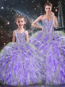 Fashion Lavender Sleeveless Floor Length Beading and Ruffles Lace Up Quince Ball Gowns