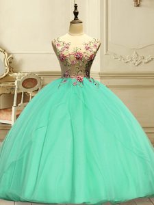 Scoop Sleeveless Lace Up Quinceanera Gown Apple Green Organza