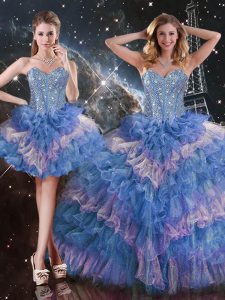 Multi-color Lace Up Sweetheart Beading and Ruffled Layers and Sequins Quince Ball Gowns Organza Sleeveless