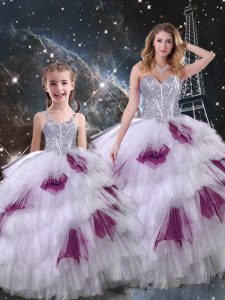 Sweetheart Sleeveless Quince Ball Gowns Floor Length Beading and Ruffled Layers Multi-color Organza