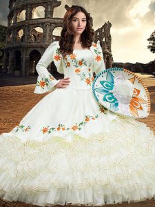 High End White Ball Gowns Embroidery and Ruffled Layers Sweet 16 Dress Lace Up Organza Long Sleeves Floor Length