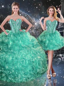 Decent Floor Length Lace Up Sweet 16 Dress Turquoise for Military Ball and Sweet 16 and Quinceanera with Beading and Ruffles