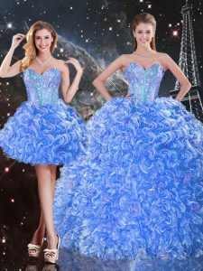 Beauteous Baby Blue Three Pieces Sweetheart Sleeveless Organza Floor Length Lace Up Beading Quince Ball Gowns
