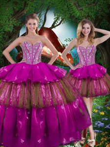 Comfortable Sweetheart Sleeveless Ball Gown Prom Dress Floor Length Beading and Ruffled Layers and Sequins Multi-color Organza