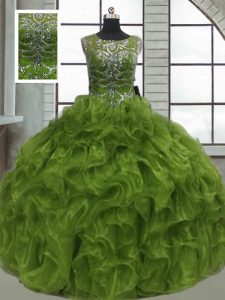 Olive Green Lace Up Scoop Beading and Ruffles Quinceanera Gowns Organza Sleeveless