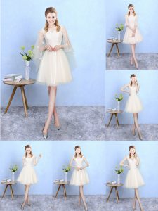 Smart Knee Length Champagne Quinceanera Court of Honor Dress Tulle Cap Sleeves Lace