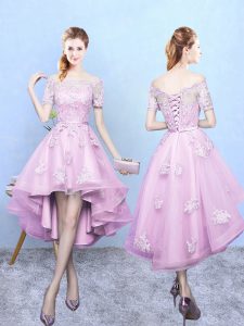 Modern High Low Rose Pink Dama Dress for Quinceanera Tulle Short Sleeves Lace