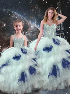 Blue And White Lace Up Sweetheart Beading and Ruffled Layers 15th Birthday Dress Organza Sleeveless