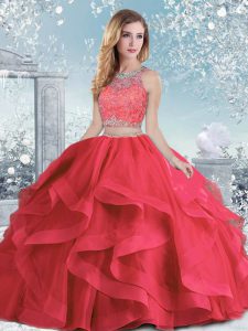 Trendy Sleeveless Organza Floor Length Clasp Handle Quince Ball Gowns in Coral Red with Beading and Ruffles