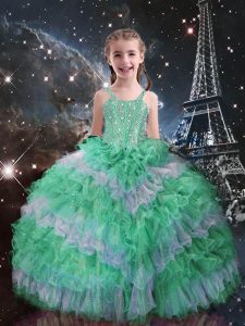 Sleeveless Organza Floor Length Lace Up Glitz Pageant Dress in Apple Green with Beading and Ruffled Layers