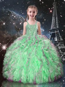 Apple Green Organza Lace Up Straps Sleeveless Floor Length Pageant Dress for Teens Beading and Ruffles