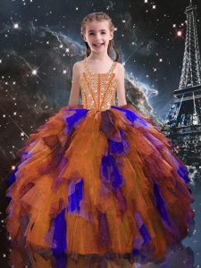 Enchanting Orange Red Ball Gowns Straps Sleeveless Tulle Floor Length Lace Up Beading and Ruffles Kids Pageant Dress