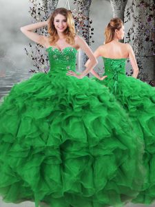 Glittering Green Sleeveless Organza Lace Up 15 Quinceanera Dress for Military Ball and Sweet 16 and Quinceanera