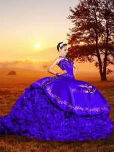Embroidery and Ruffles Quinceanera Gown Purple Lace Up Sleeveless Brush Train