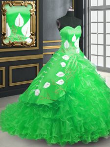 Enchanting Green Sweetheart Neckline Embroidery and Ruffles Ball Gown Prom Dress Sleeveless Lace Up