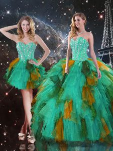 Suitable Multi-color Tulle Lace Up Sweetheart Sleeveless Floor Length 15 Quinceanera Dress Ruffles