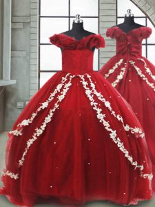 Wine Red Sleeveless Brush Train Appliques Kids Pageant Dress