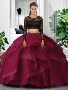 Tulle Scoop Long Sleeves Backless Lace and Ruffles Vestidos de Quinceanera in Fuchsia