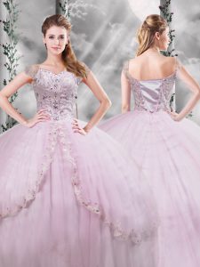Lilac Ball Gowns V-neck Cap Sleeves Tulle Brush Train Side Zipper Beading and Appliques Quinceanera Dresses